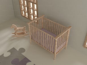 ein Babybett mit einem hölzernen Schaukelpferd daneben