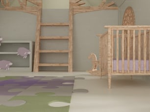ein Babyzimmer mit einem Kinderbett und einer Leiter