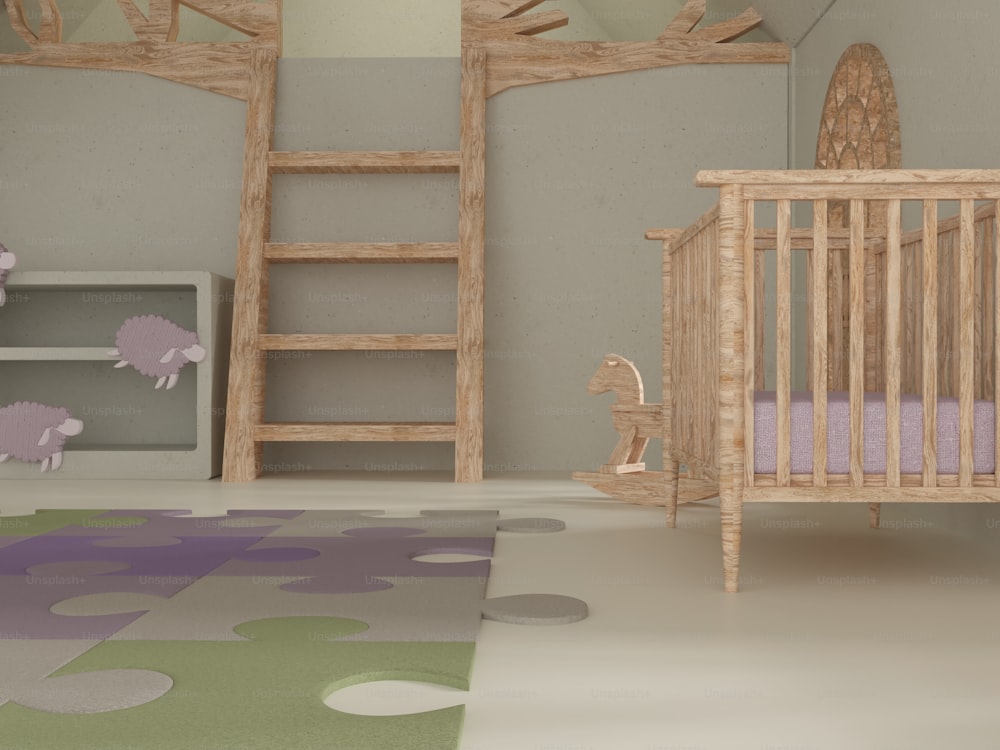 a baby's room with a crib and a ladder