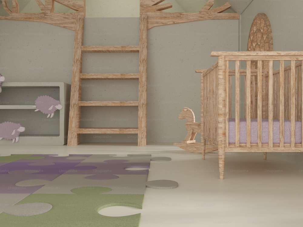 um quarto de bebê com berço e escada