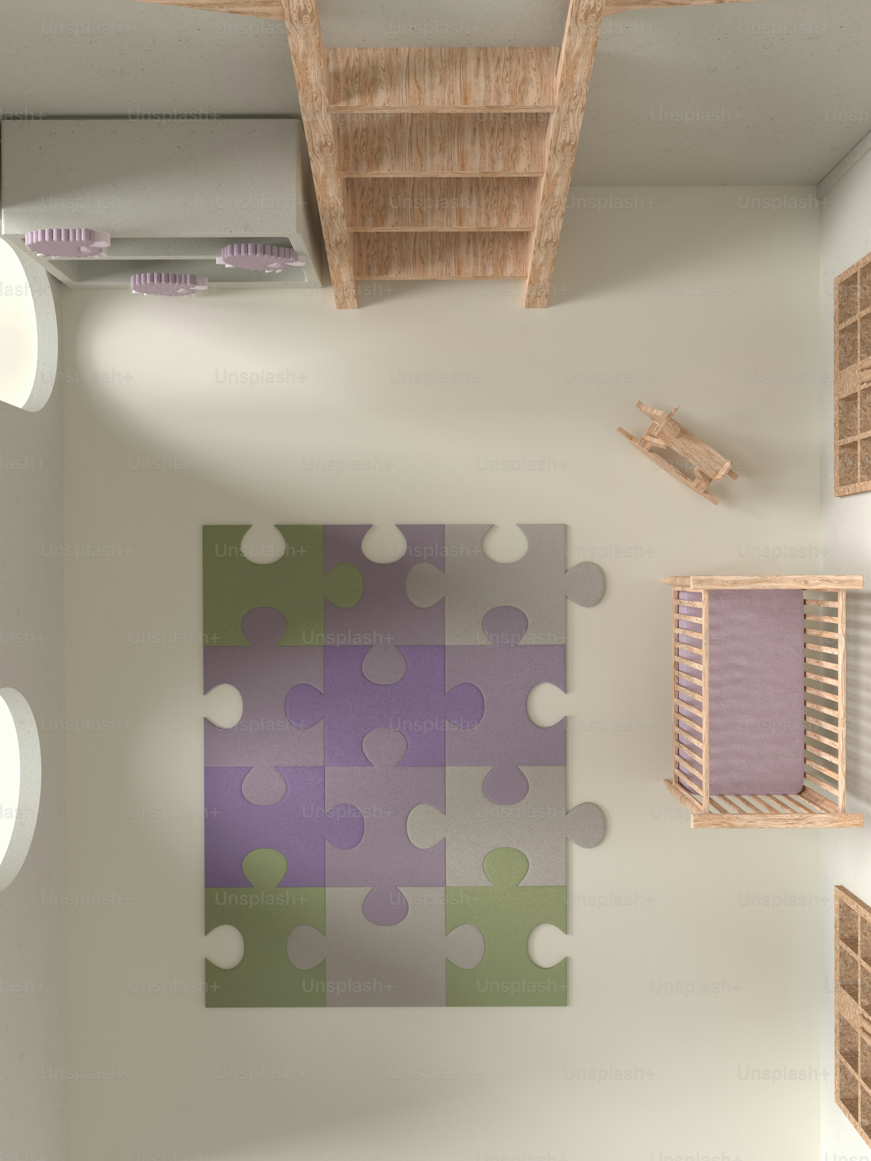 a room with a purple and green puzzle piece on the wall
