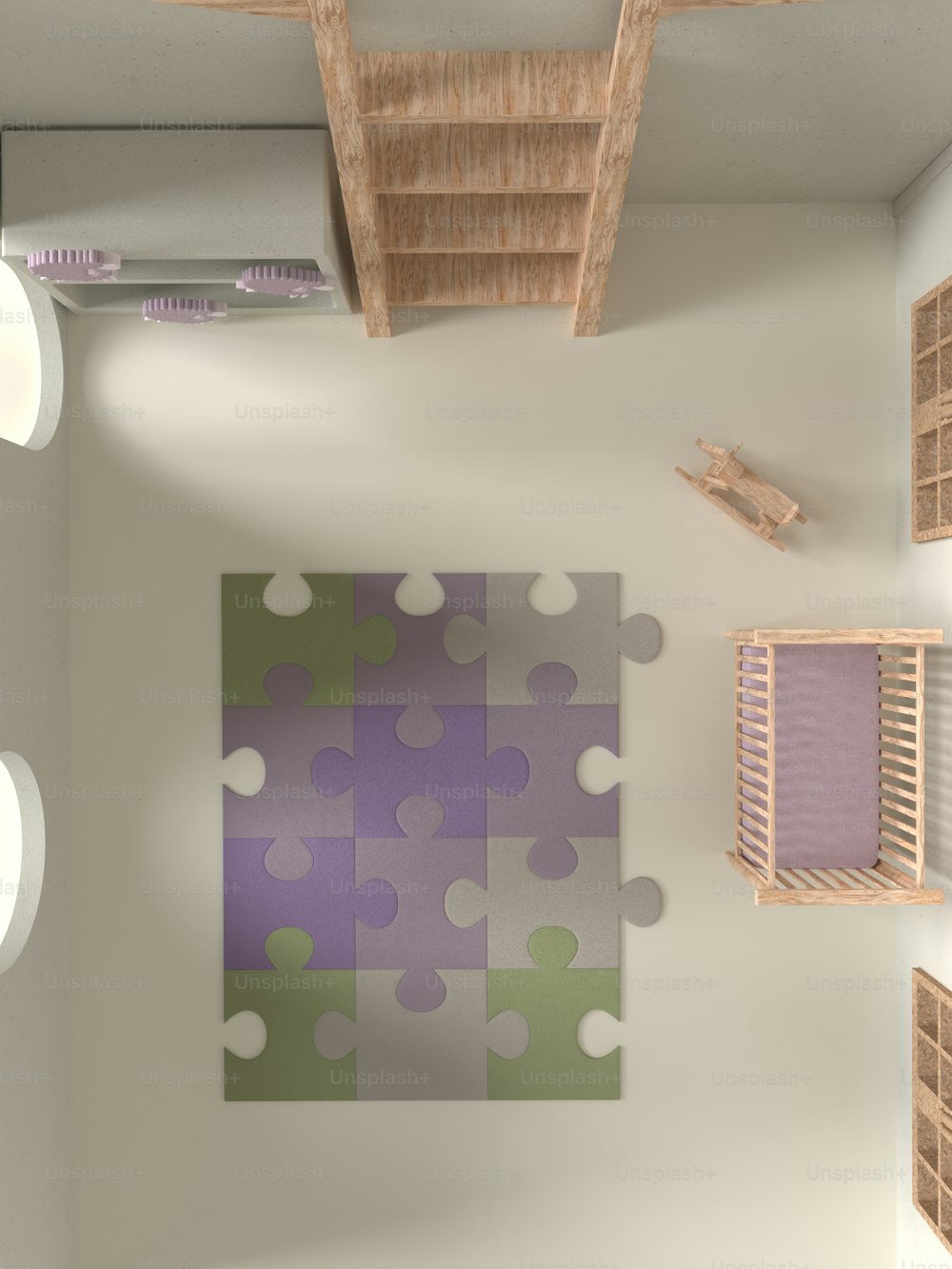 Una habitación con una pieza de rompecabezas púrpura y verde en la pared