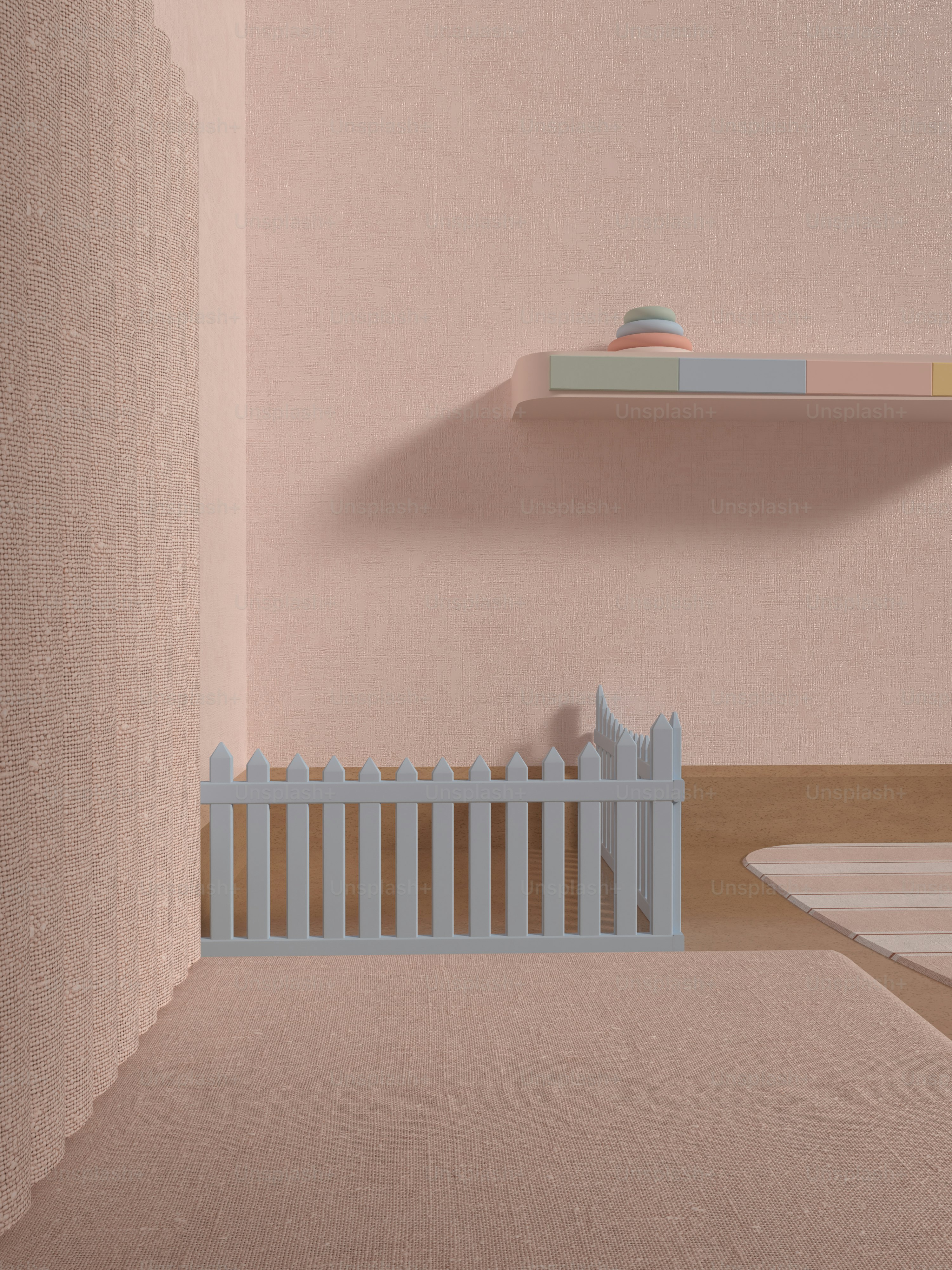 a room with a shelf and a white fence