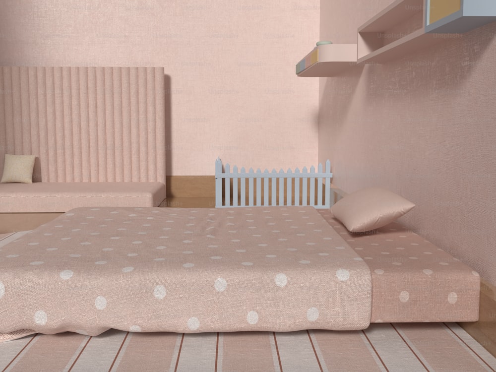 una camera da letto con pareti rosa e un letto bianco
