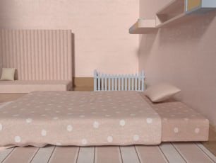Un dormitorio con paredes rosadas y una cama blanca
