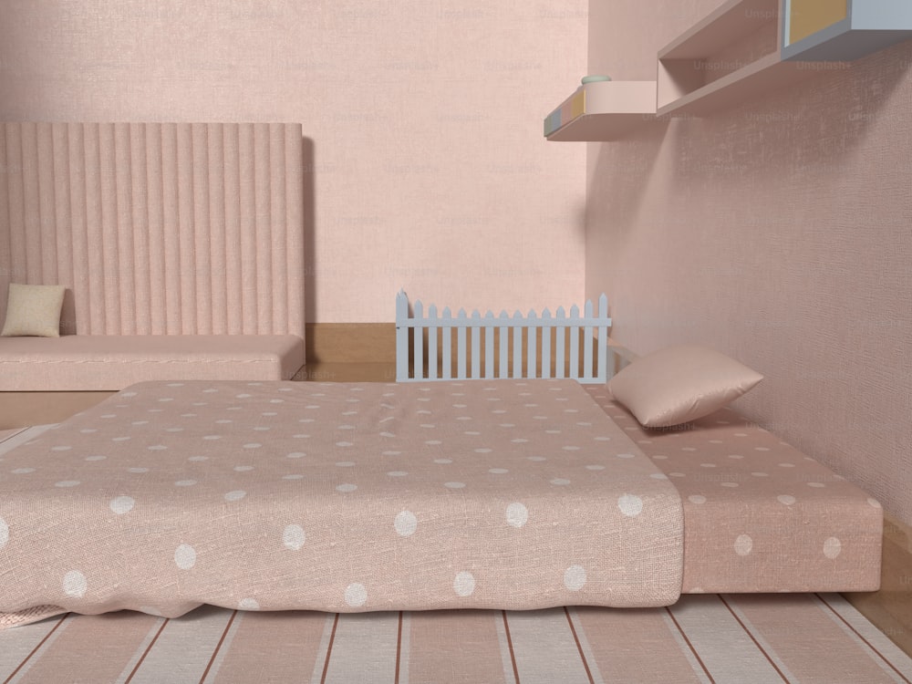 a bedroom with pink walls and a white bed