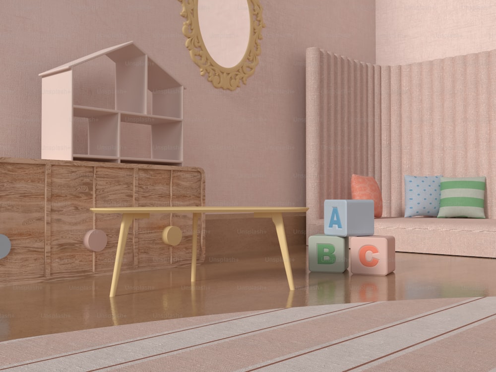 a child's room with toys and a dresser