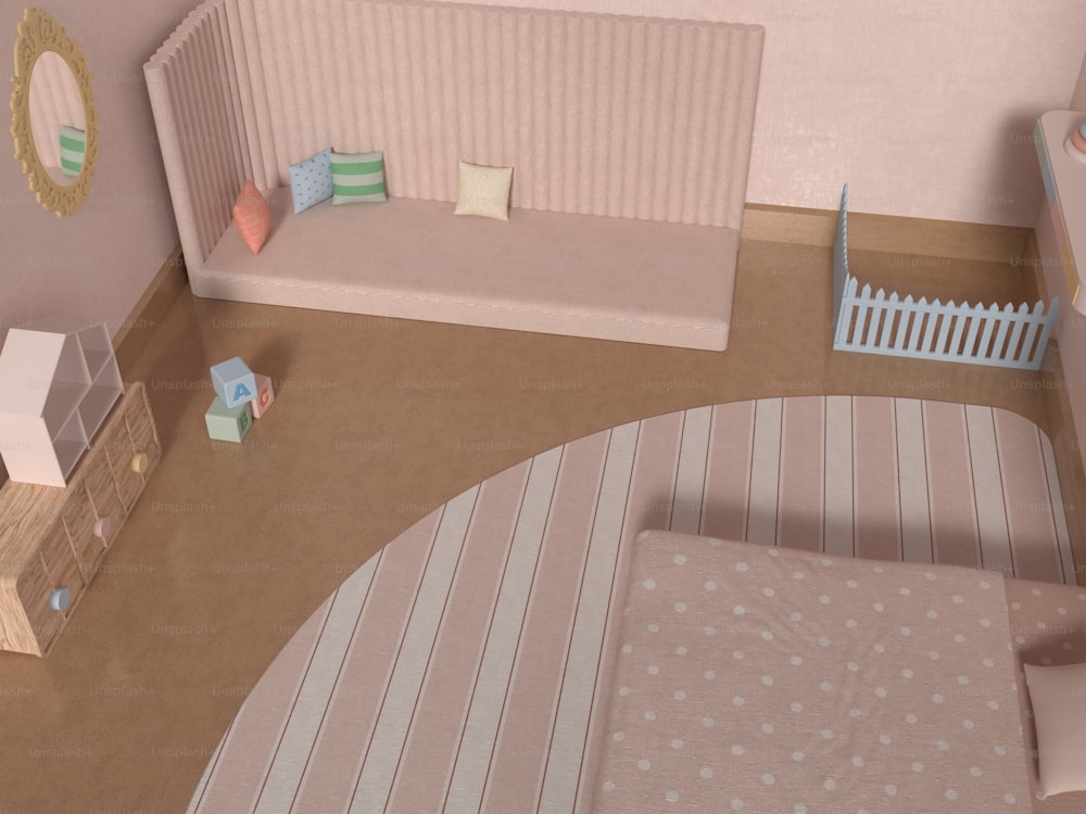 a doll house bedroom with a couch and a bed