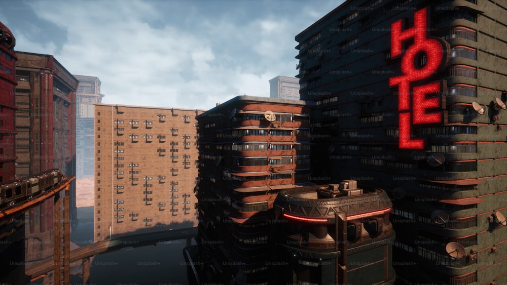 Un letrero rojo de hotel en el costado de un edificio