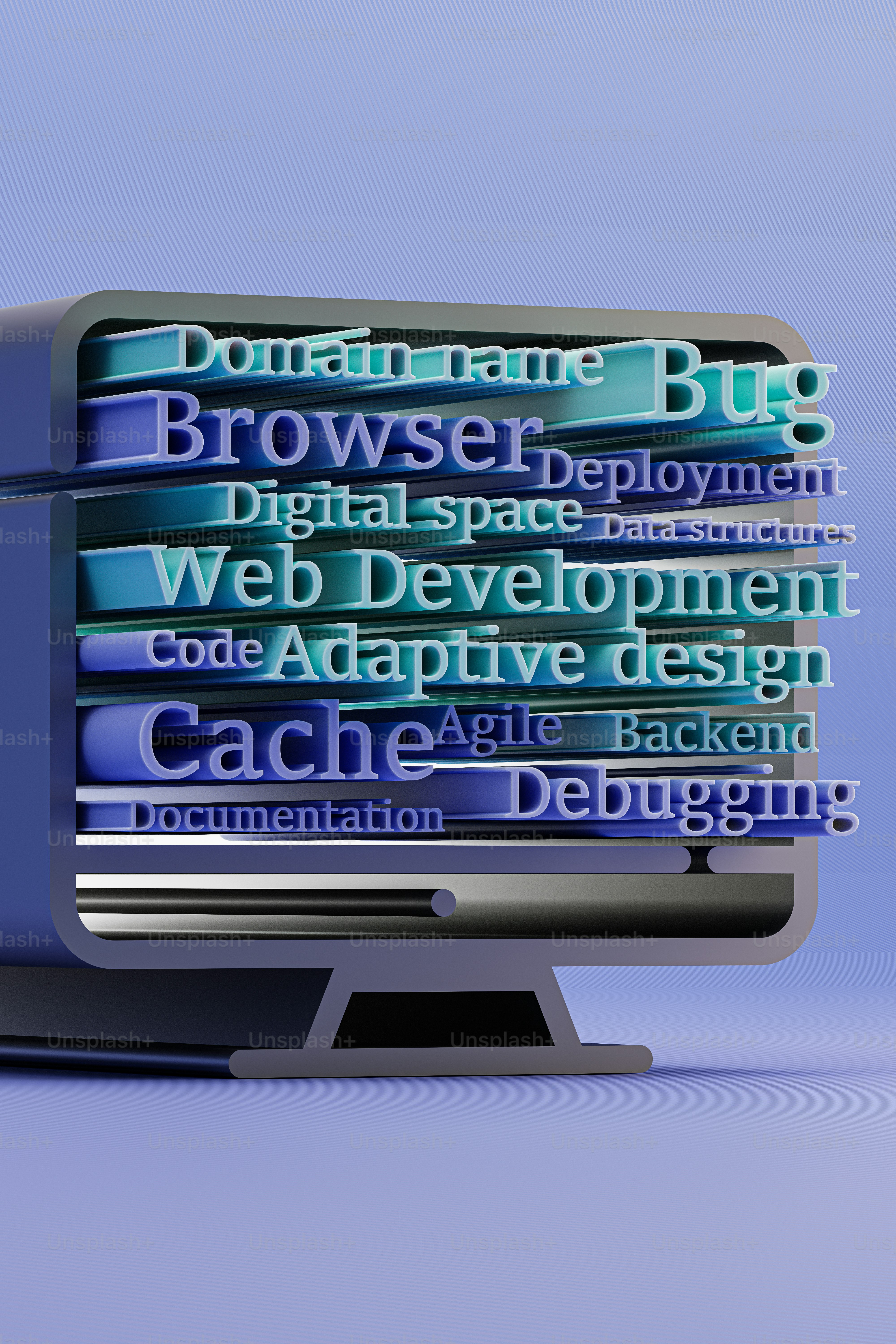 3D render of various coding and web development keywords.