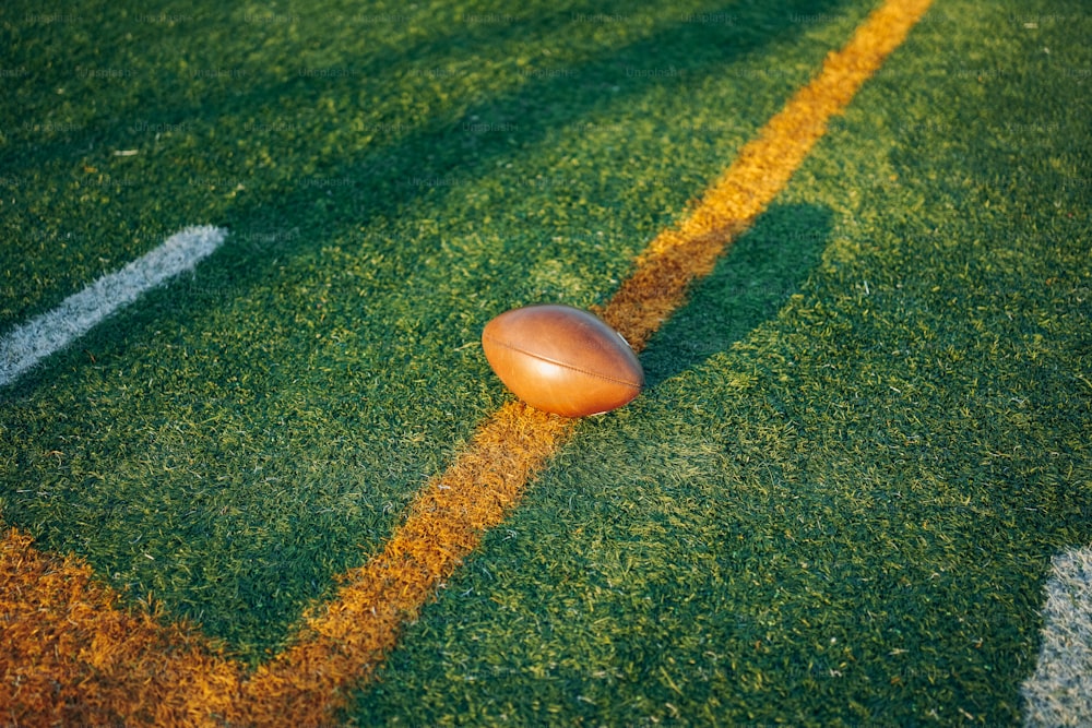 uma bola de futebol sentada à beira de um campo