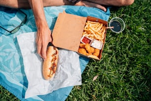 Un uomo sta mangiando un hot dog e patatine fritte