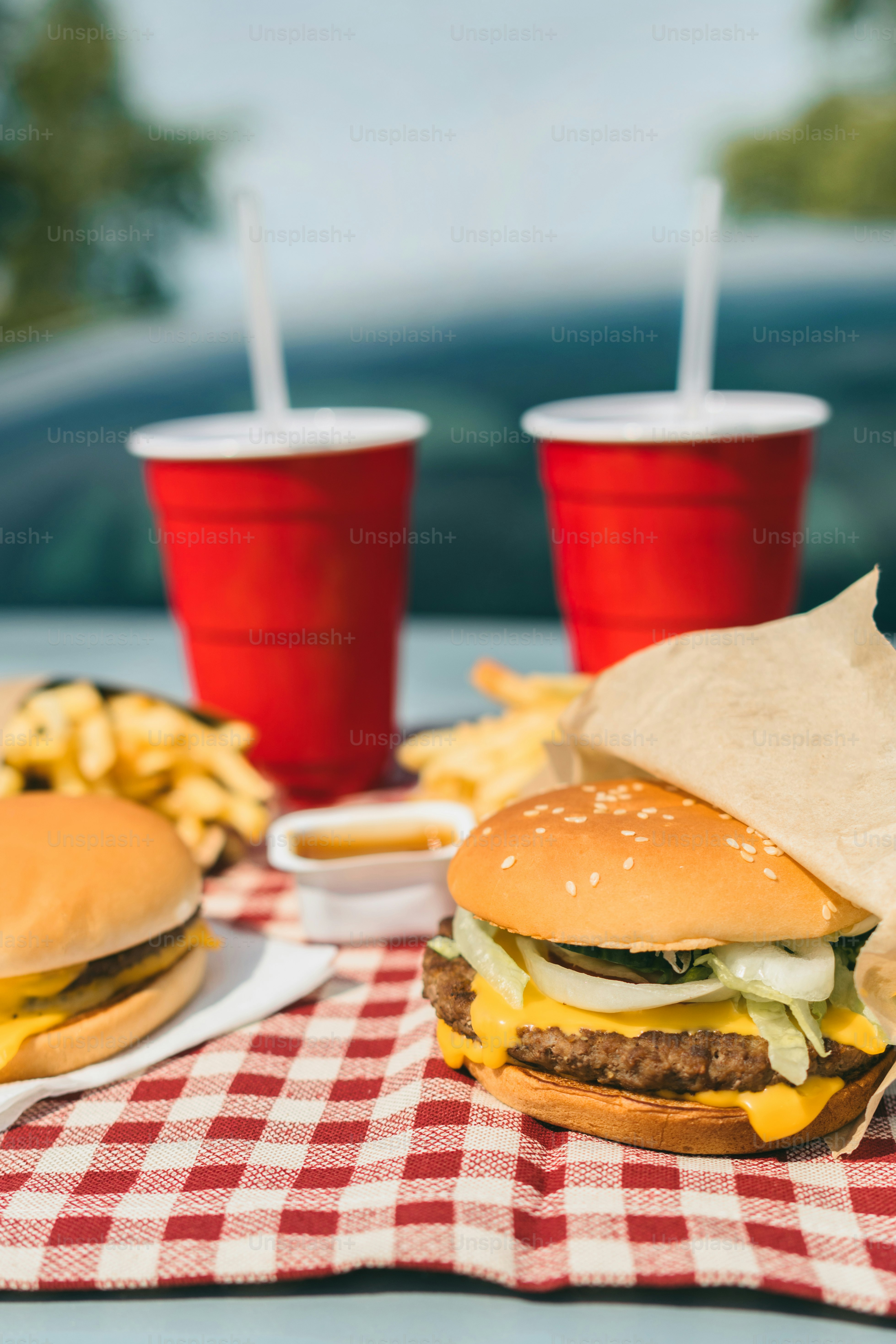 A red and white checkered table cloth with a bowl of fries and a cup ...