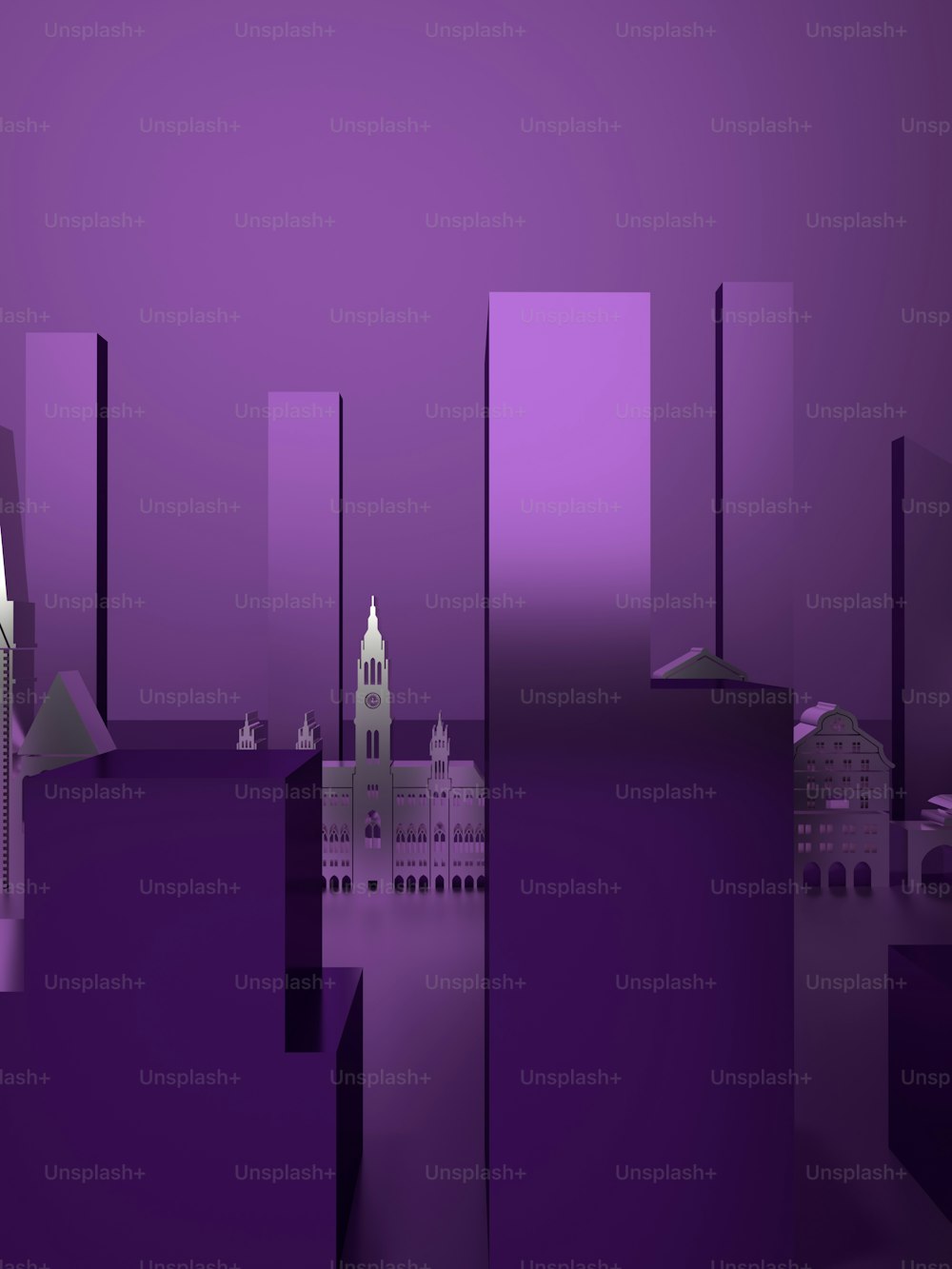 Un paysage urbain violet avec une tour de l’horloge au loin