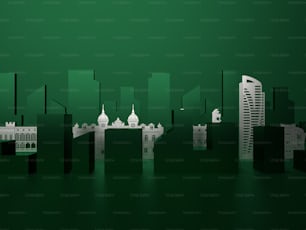 ein grünes Stadtbild mit Gebäuden und einer Brücke