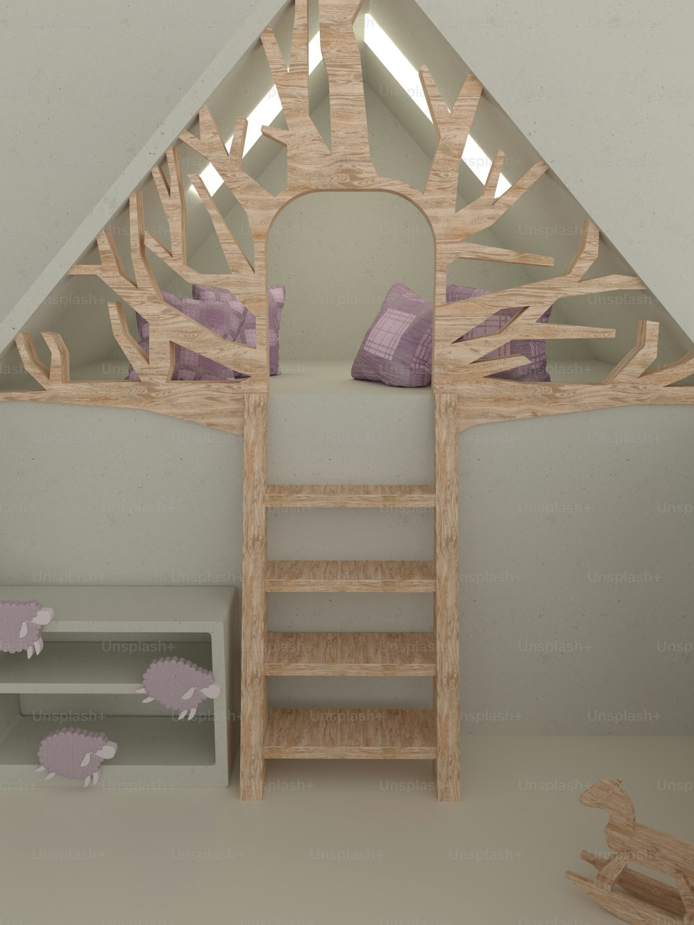 ein Zimmer mit einer Leiter und einem Bett darin