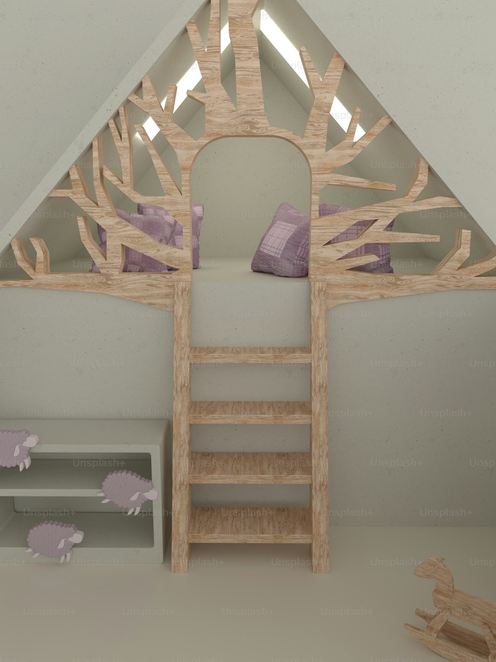 a room with a ladder and a bed in it