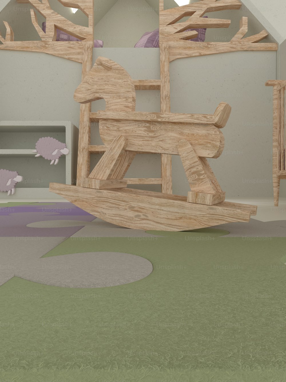 a wooden rocking horse in a play room