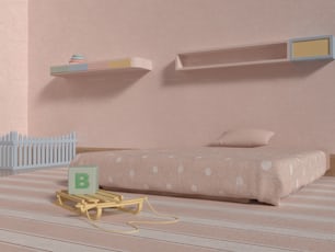 a room with a bed, a chair, and shelves