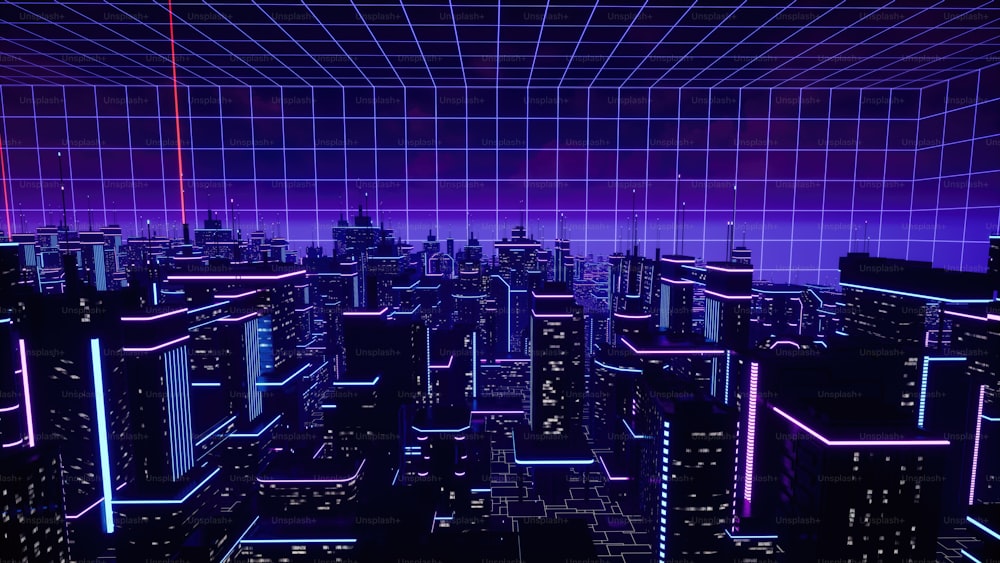 Una città futuristica di notte con luci al neon