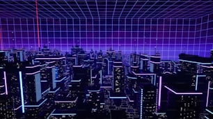 a futuristic city at night with neon lights