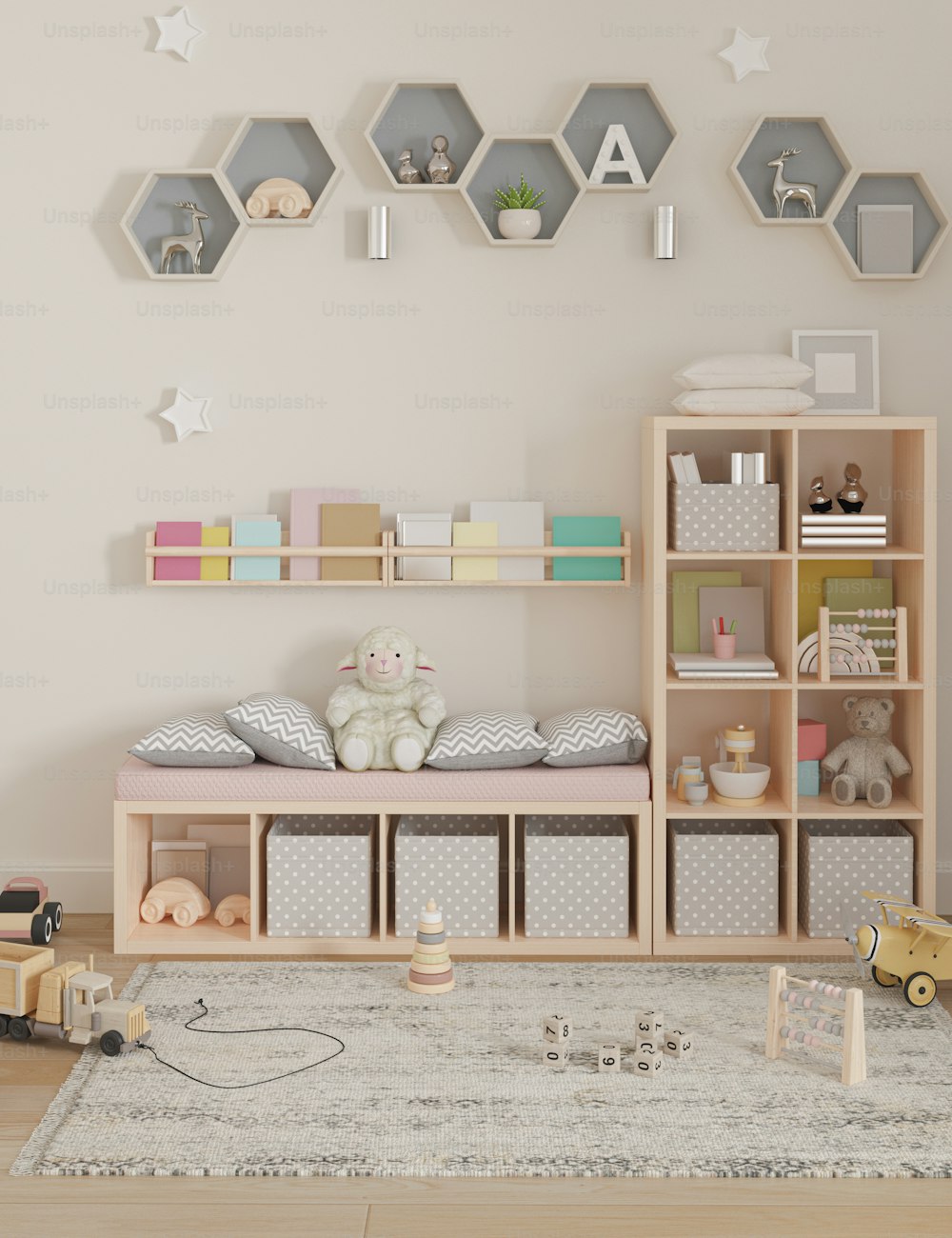 a child's room with a book shelf and toys