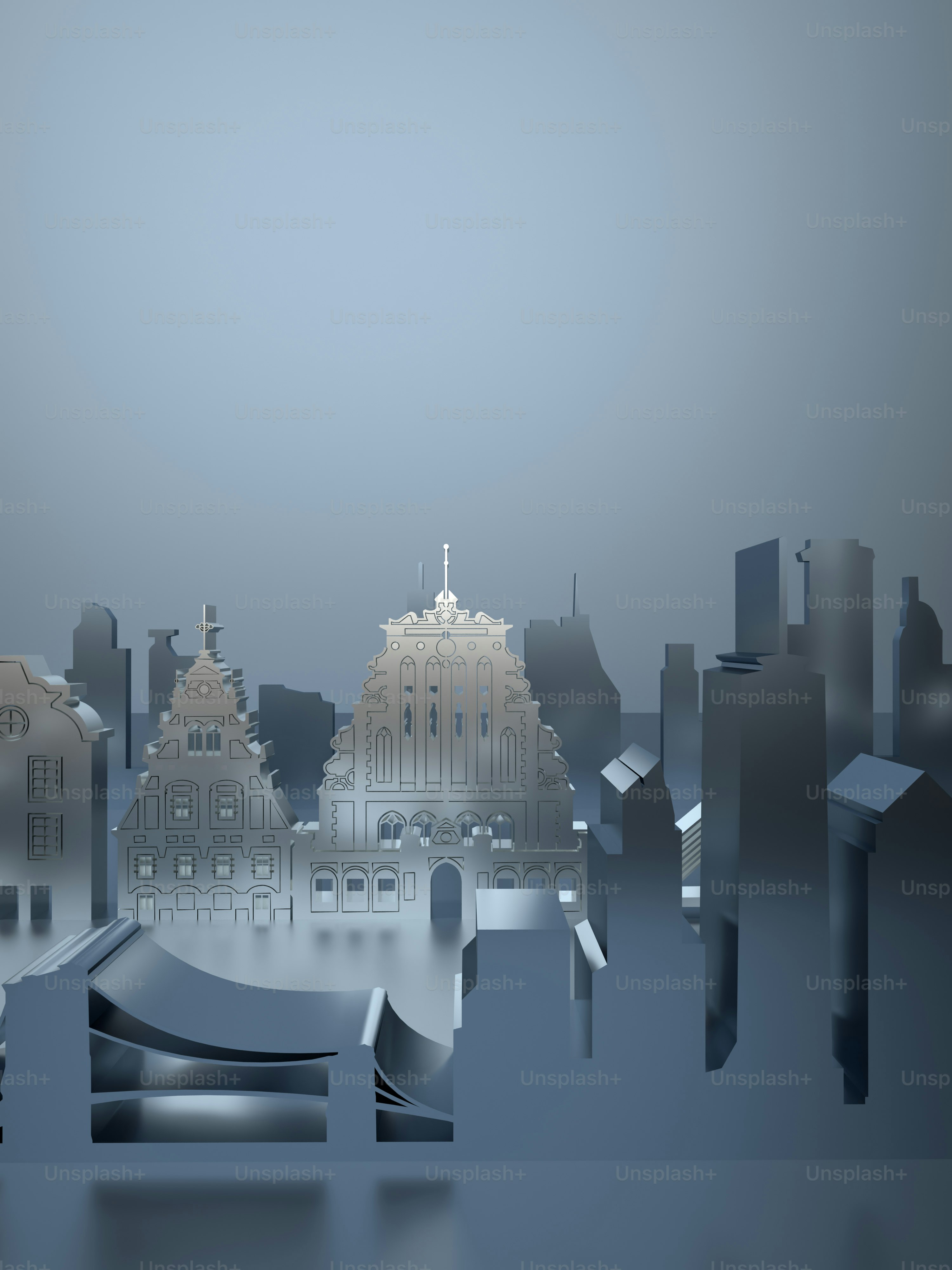 a city skyline with buildings and a clock tower