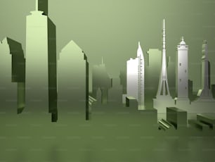 a green cityscape with skyscrapers and a clock tower
