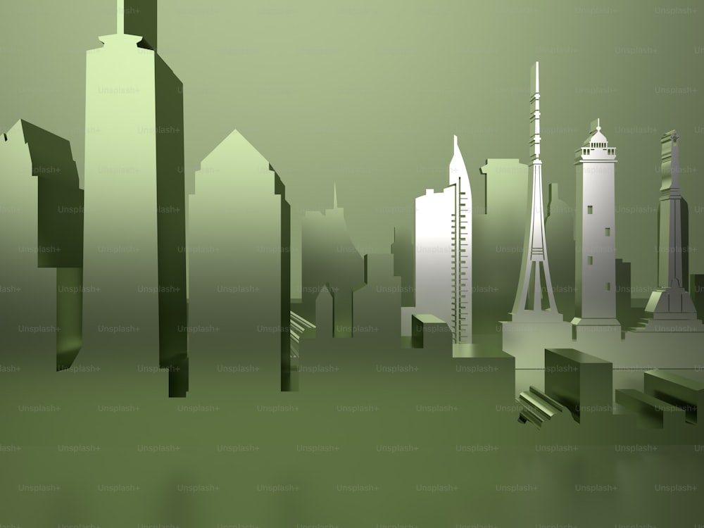 a green cityscape with skyscrapers and a clock tower