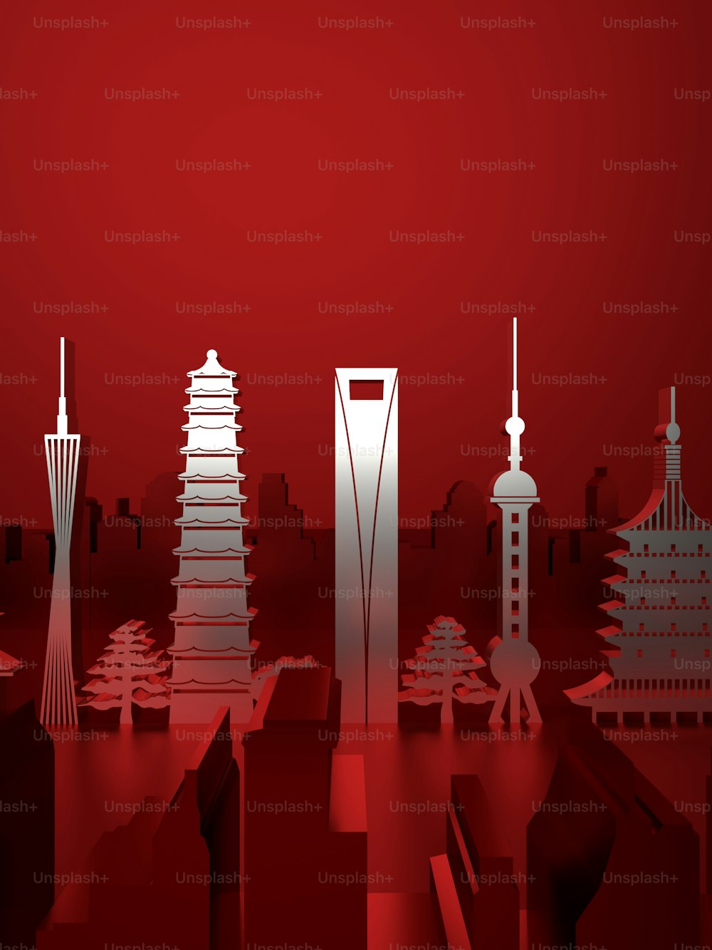 a red and white cityscape with a red background