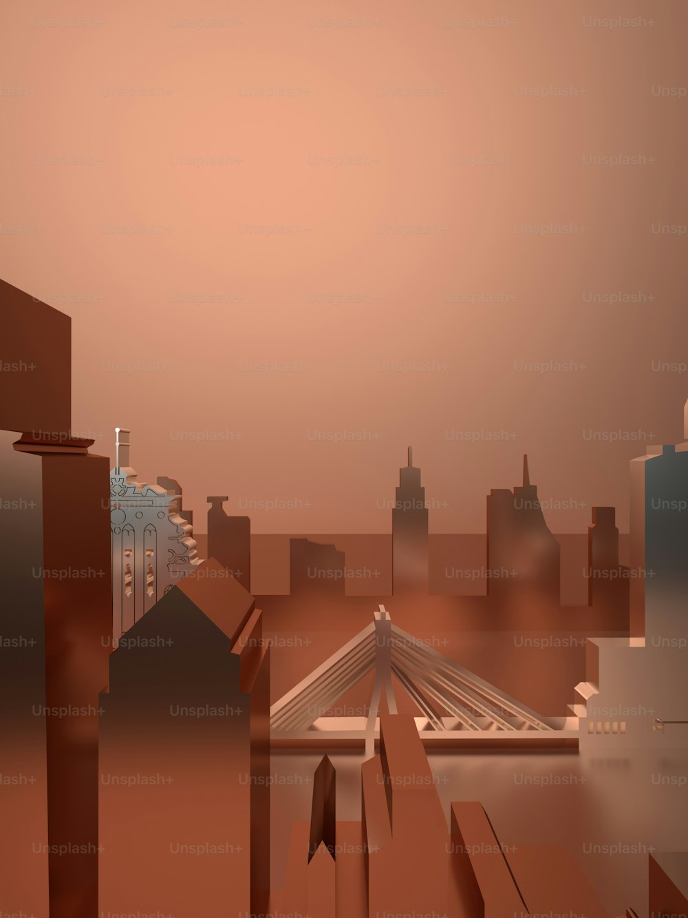 a digital painting of a city with a train on the tracks