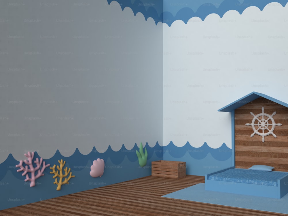 ein Kinderzimmer mit blauem Bett und Holzboden