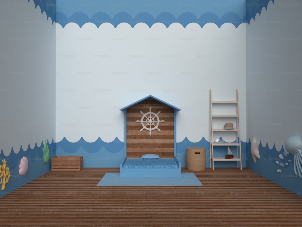 a child's room with a blue and white theme