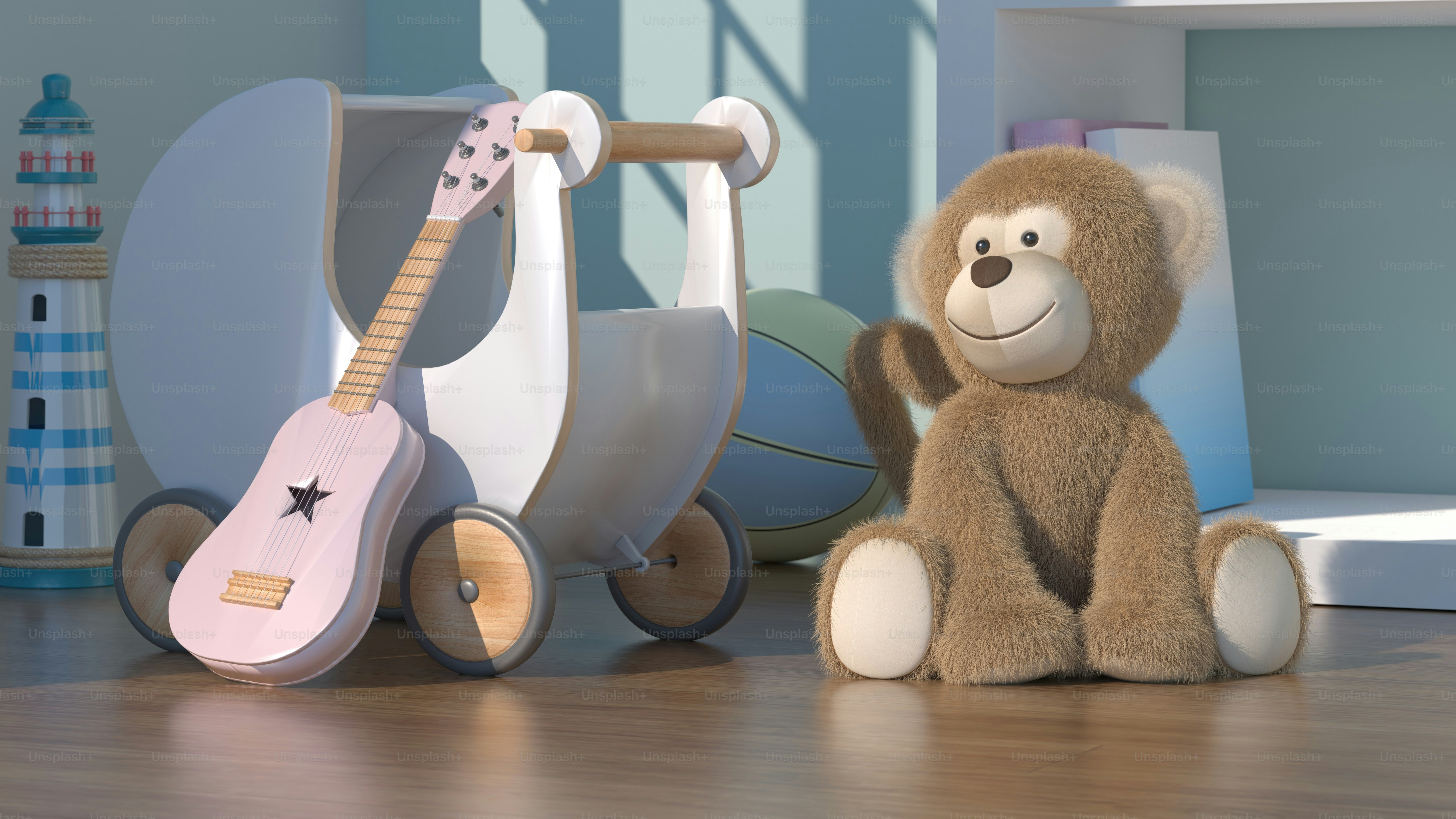 a teddy bear sitting next to a toy car