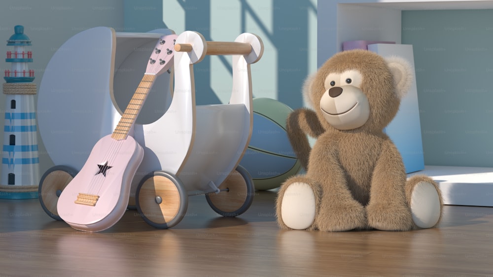 Ein Teddybär, der neben einem Spielzeugauto sitzt