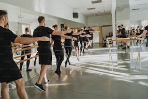a group of dancers practicing in a dance studio