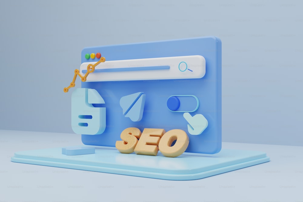 a 3d image of a website page with the word seo spelled out