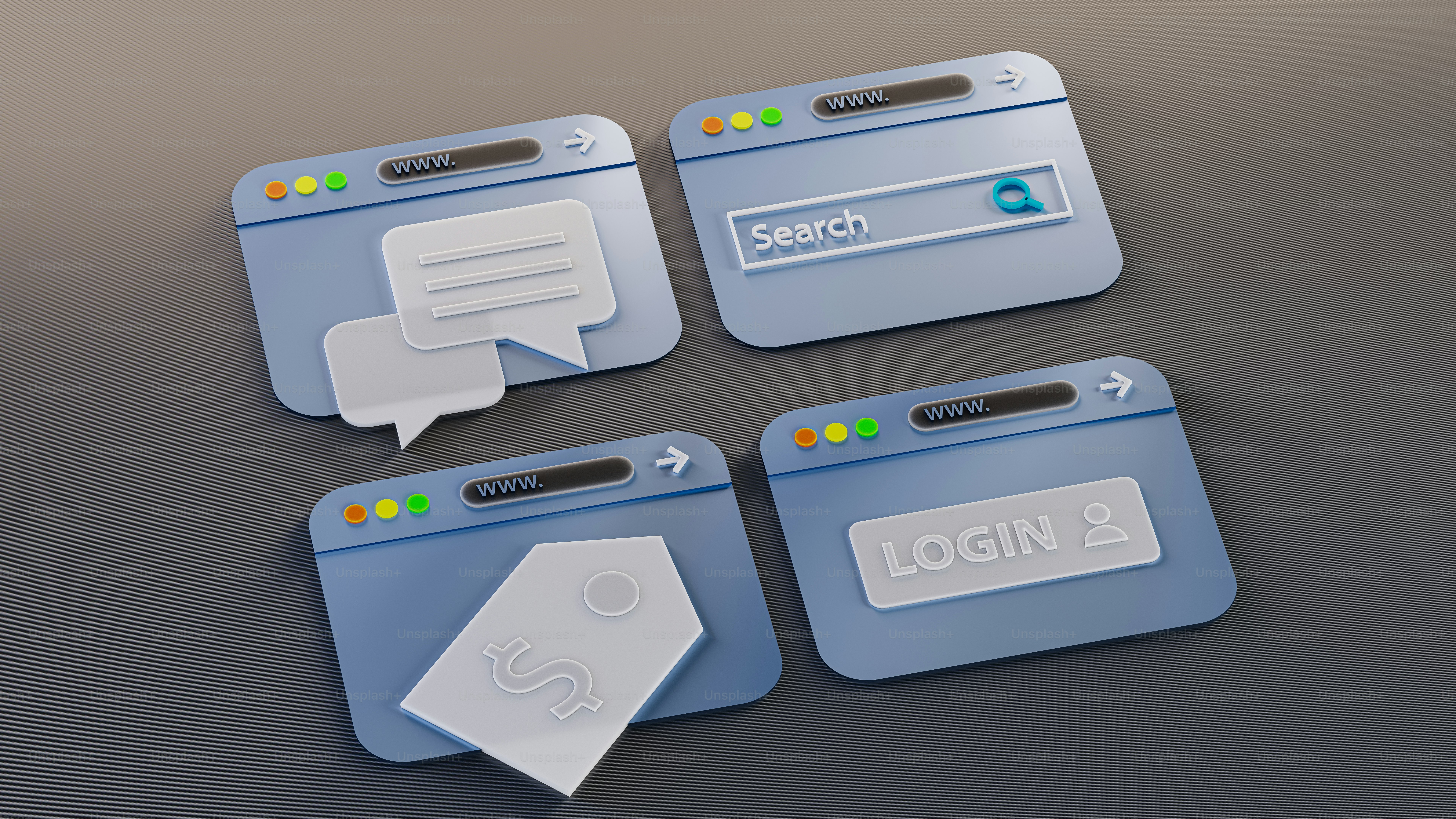 3D render of various social media and internet concepts, 8K resolution.