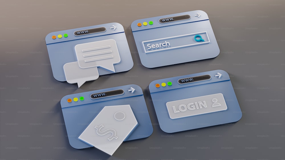 Un conjunto de cuatro botones web azules con burbujas de diálogo