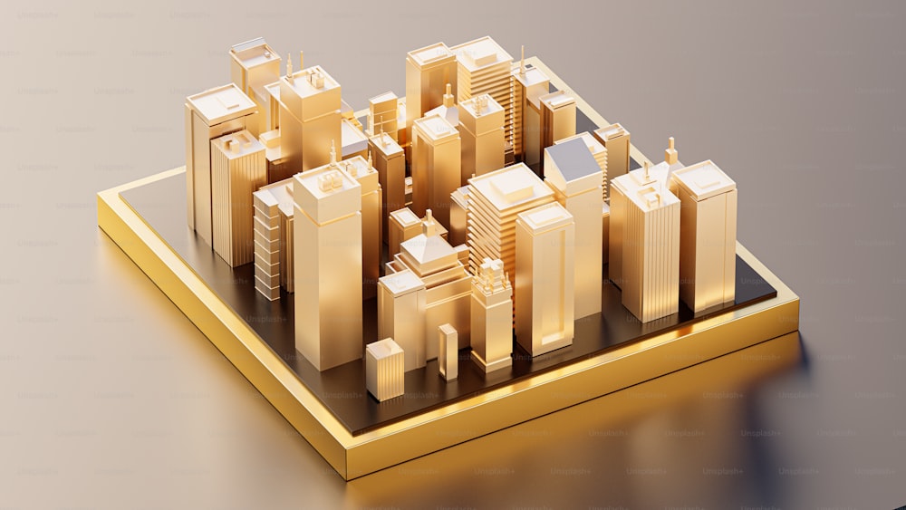 Un rendering 3D di una città con grattacieli