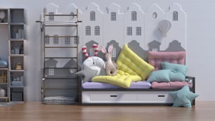 a room with a bed, shelves, and stuffed animals