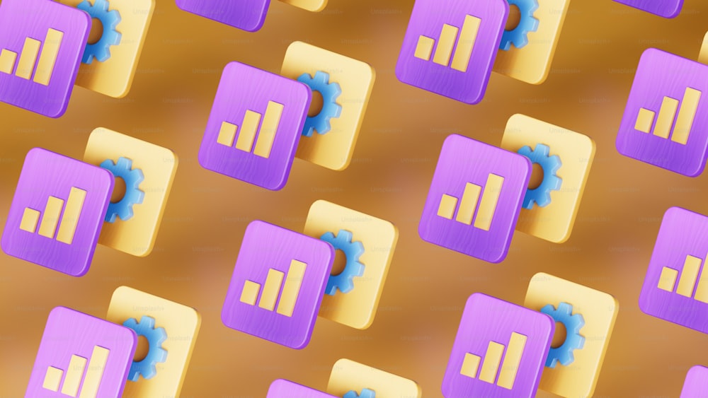 a bunch of purple and yellow squares with a blue arrow
