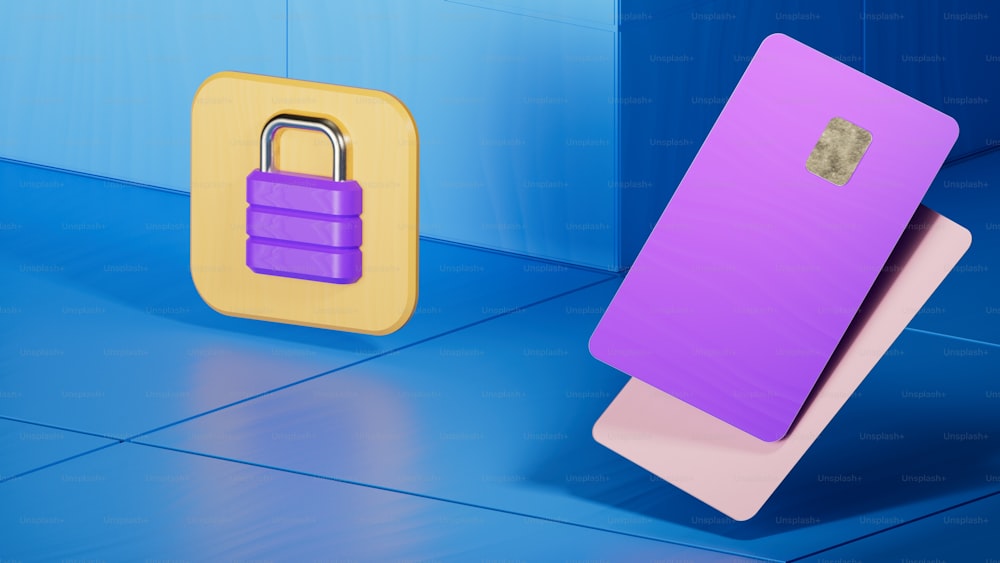 a purple padlock and a yellow padlock on a blue tile floor