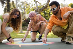 a man and two women are drawing on the ground