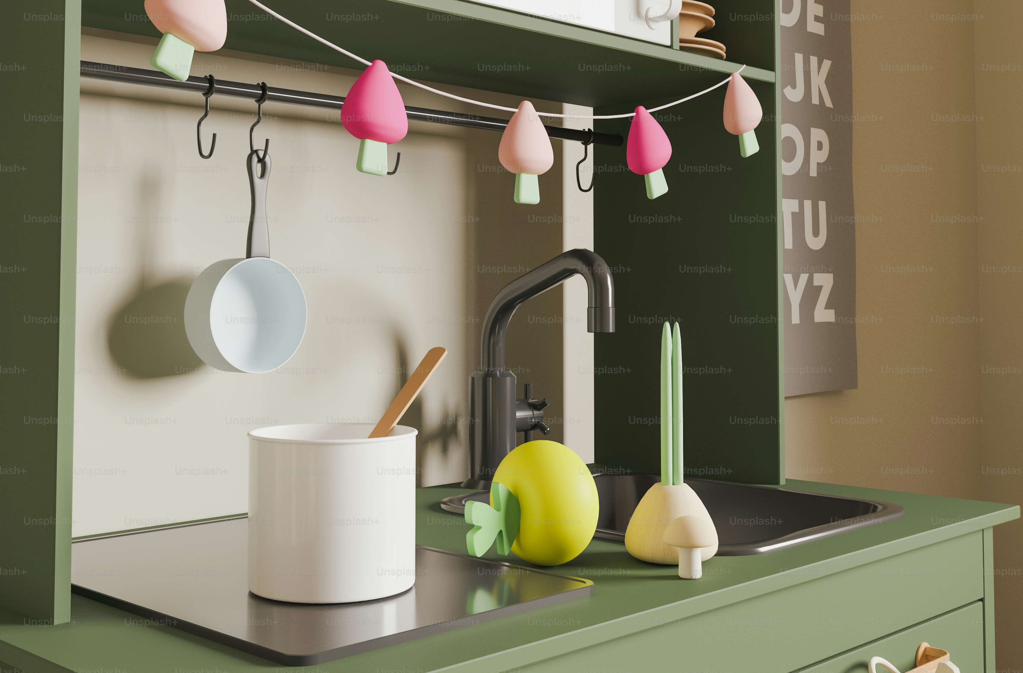 a kitchen with a sink and a green counter top