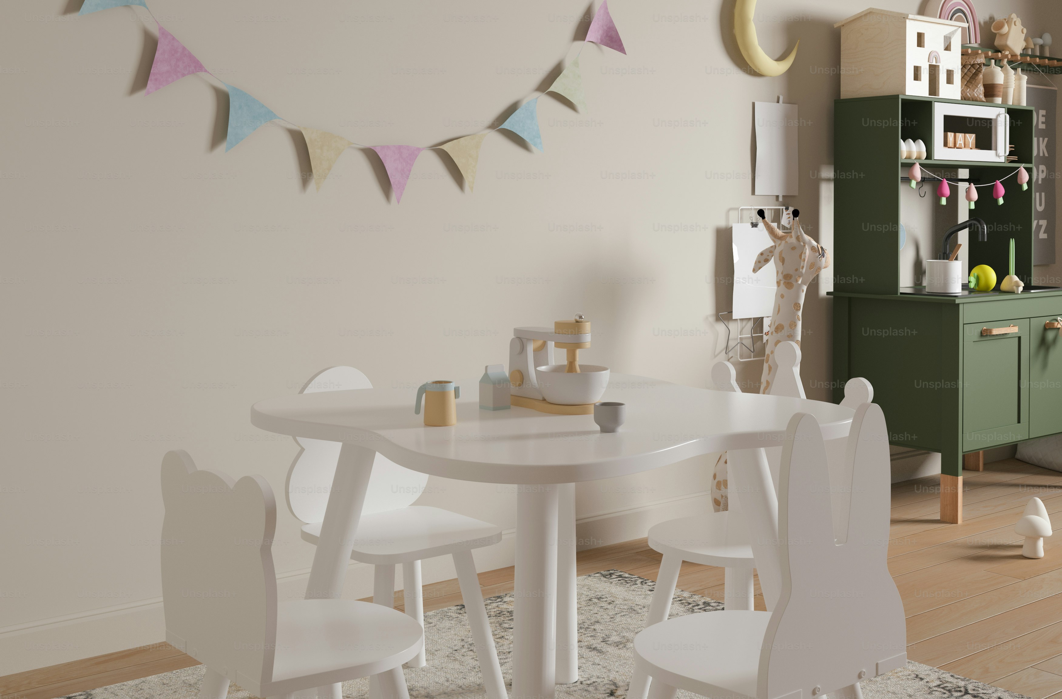 a white table and chairs in a room