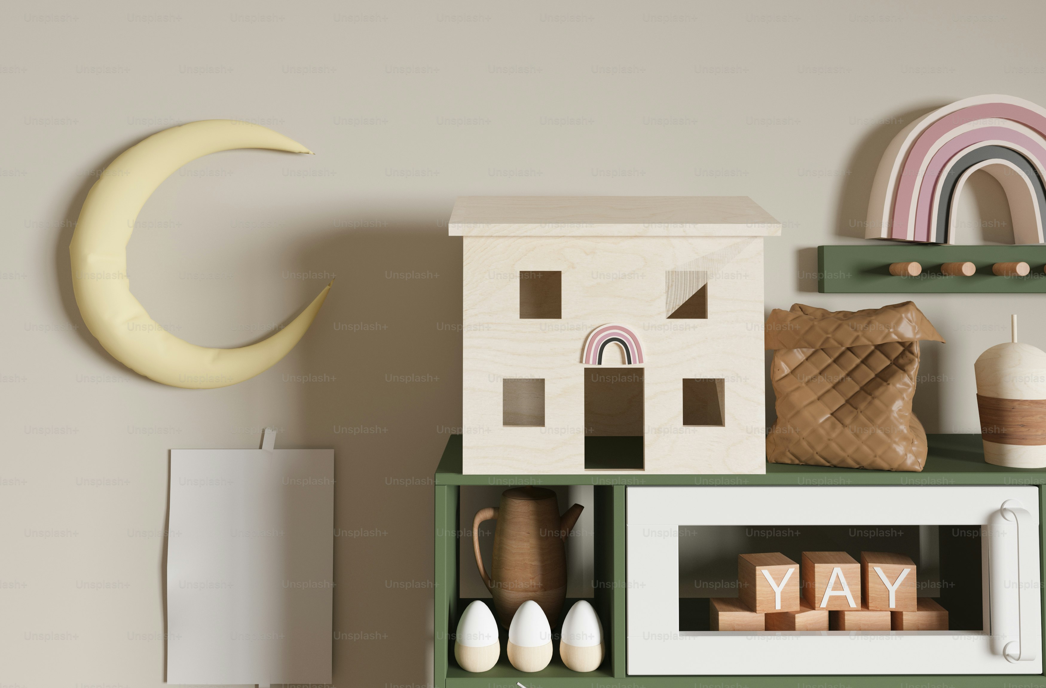 a shelf with a doll house and other items on it