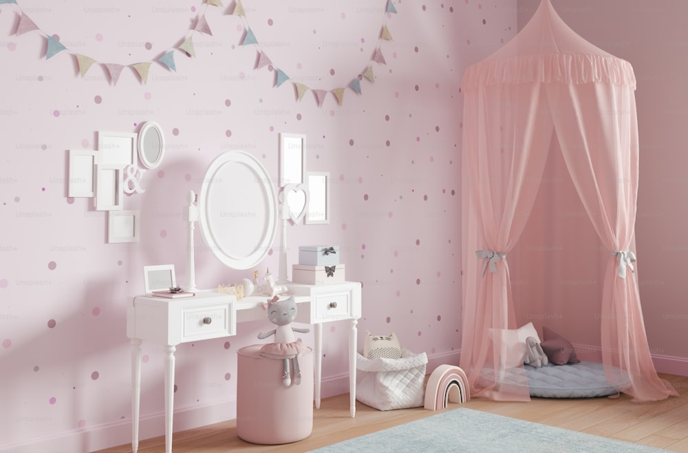 a child's bedroom with a pink canopy bed