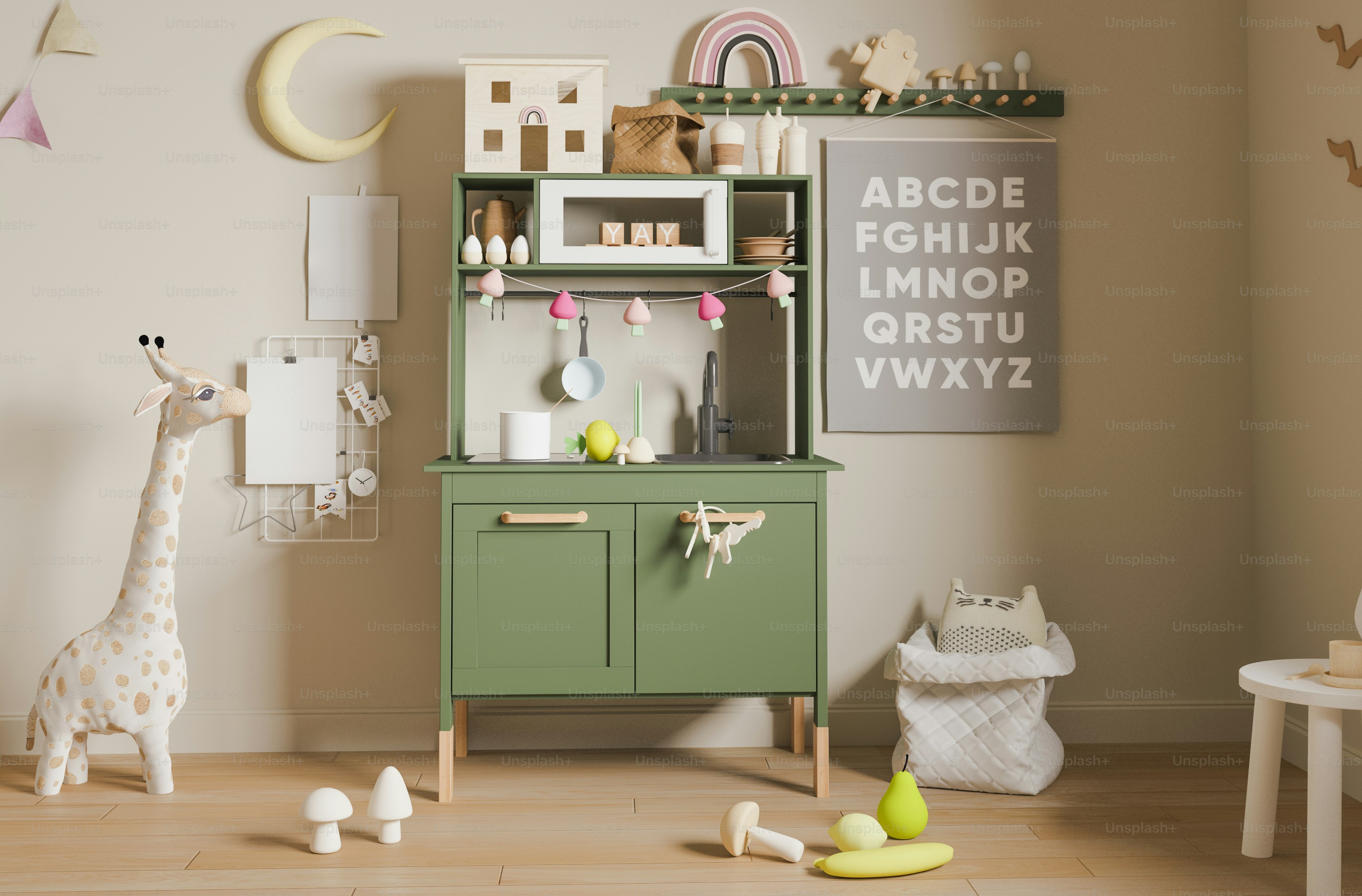 a toy giraffe standing next to a green cabinet