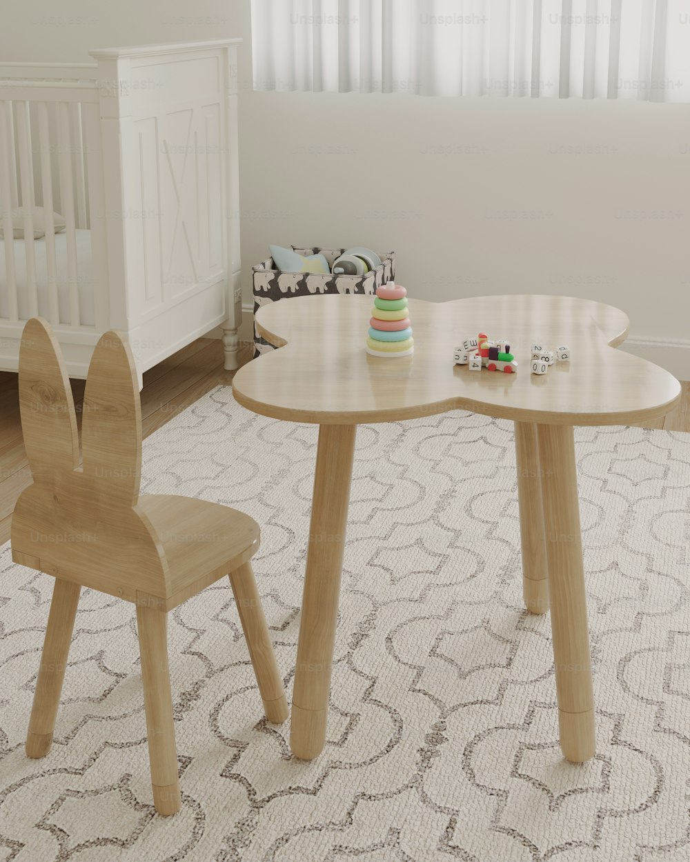 a wooden table and chair in a room